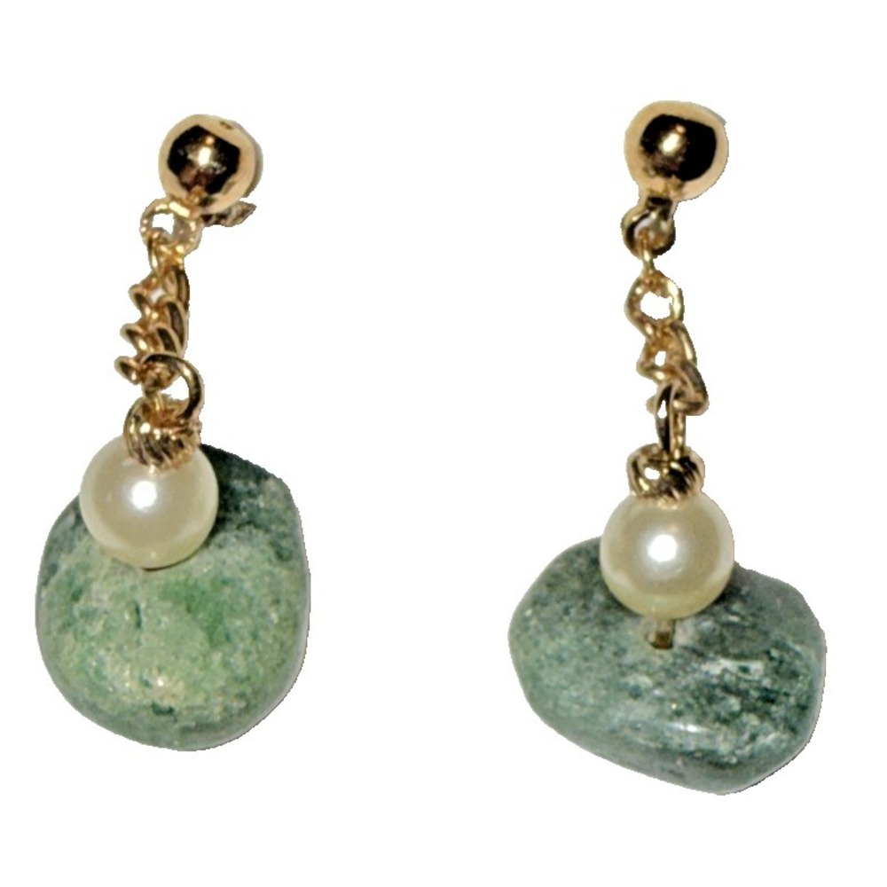 Gold Tone Faux Pearl and‎ Green Stone Dangling Post Earrings Vtg  J-6H